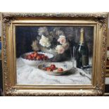 K Marcolman? (Early 20th Century), Still life of roses, strawberries and champagne, oil on canvas,