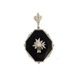 A diamond and black onyx pendant, the centre with a basket of flowers motif,