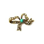 A gold, seed pearl and turquoise set brooch, designed as a bow,