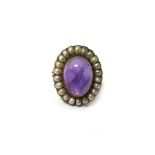 A gold, seed pearl and cabochon amethyst set oval cluster ring,