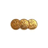 Three Edward VII half sovereigns 1905, 1908 and 1910, mounted as a brooch,