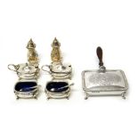 Silver, comprising; a six piece condiment set, comprising two mustard pots, two salts,