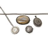 Mostly silver jewellery, comprising; a Victorian oval agate set brooch, a George III shilling,