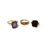 A Victorian 9ct gold, ruby and seed pearl set ring, (one ruby and one seed pearl lacking),