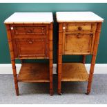 A near pair of late 19th century French marble top fruitwood and pine faux bamboo decorated bedside