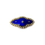 A gold, blue enamelled, rose diamond and seed pearl set shaped oval brooch,