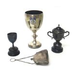 Silver, comprising; a trophy cup with an enamelled badge,