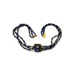 A gold, rose diamond, blue enamelled and lapis lazuli bead necklace,