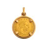 An Austrian gold re-struck four florins, ten francs 1892, in a gold pendant mount,