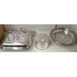 Plated wares, comprising; three rectangular lidded entree dishes, having detachable handles,
