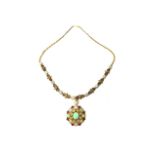 A gold, opal and diamond set and enamelled necklace, with a gold and enamelled pendant,