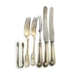 Silver and silver mounted table flatware, comprising, two fiddle pattern table forks,