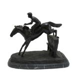A patinated bronze race horse and jockey, late 20th century, modelled and cast jumping a fence,