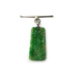 A white gold bar brooch, centred by a cultured pearl and fitted to a rectangular jade pendant drop,