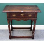 A 17th century style oak single drawer side table on turned supports, 77cm wide x 46cm deep.