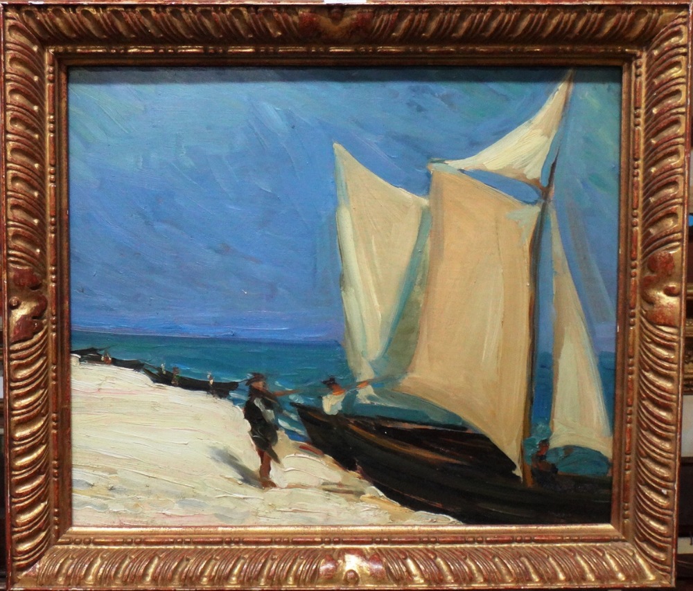 Circle of Joaquin Sorolla y Bastida, Boat on the shore, oil on board, 36cm x 43cm.