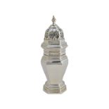 A silver sugar caster, of octagonal baluster form, in the 18th century taste, height 20.