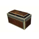 An early 19th century tortoiseshell and ivory banded Anglo-Indian carved sandalwood rectangular tea