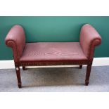 A mid-18th century style mahogany window seat, with roll over ends and carved frieze,