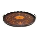 An Edwardian marquetry inlaid oval serving tray with wavy gallery, 69cm wide x 45cm high.