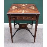 An Edwardian bone and marquetry inlaid envelope card table, on tapering square supports,