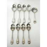 Silver table flatware, comprising; two pairs of fiddle pattern tablespoons, London 1814 and 1835,