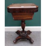 A William IV rosewood teapoy, on octagonal baluster column and quatrefoil platform,