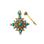 A gold, seed pearl and turquoise set pendant brooch in the form of a Maltese cross,