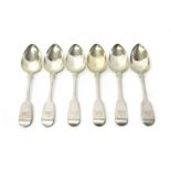 A set of six Victorian silver fiddle pattern dessert spoons, monogram engraved, London 1841,