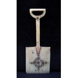 A miniature George III ivory garden spade, carved with roundels and initials 'A.L', 7cm long.
