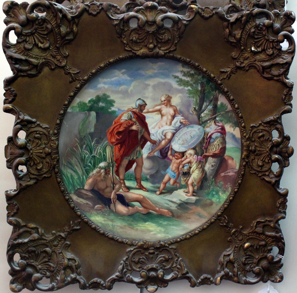 A pair of continental ceramic wall plates, circa 1900, decorated with classical figural scenes, - Image 2 of 2