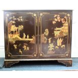 A reproduction George III style chinoisserie decorated dwarf cupboard, 110cm wide,