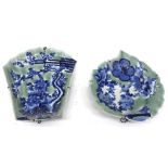 Two Japanese porcelain dishes, Meiji, of fan and leaf shape, painted in blue with a bird,