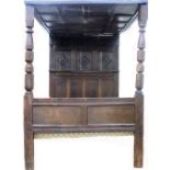 An oak tester bed, reconstructed, incorporating 17th/18th century elements,