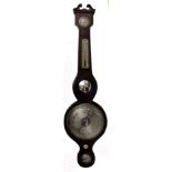 An early 19th century mahogany boxwood and ebony strung wheel barometer, thermometer and hygrometer,
