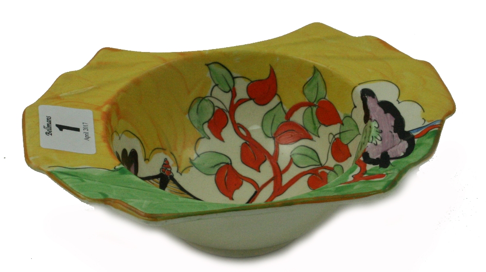 A Bizarre by Clarice Cliff Japan Yellow pattern bowl, of shaped outline, 17cm wide.