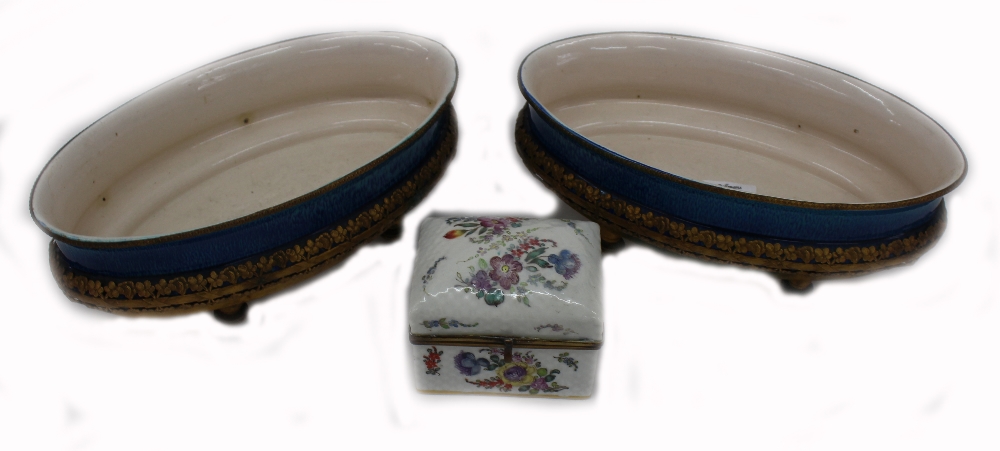 A pair of Sevres style gilt metal mounted oval dishes, circa 1900,