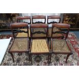 A set of six Regency mahogany dining chairs, with leaf scroll carved bar backs, cane seats,