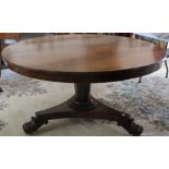 A William IV rosewood breakfast table, the circular tilt-top,