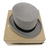 A vintage grey top hat, labelled 'Moss Bros', size 6 7/8 in original square cardboard box.