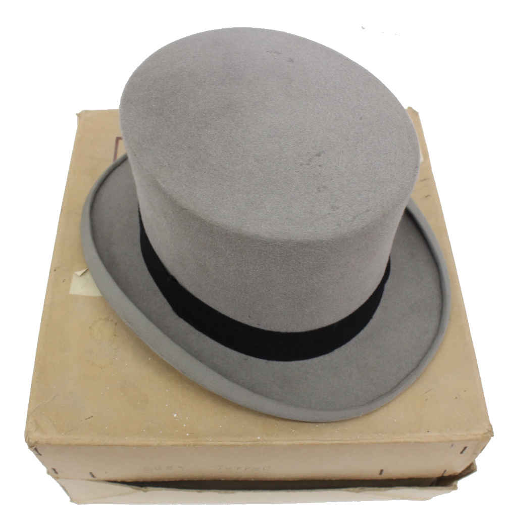 A vintage grey top hat, labelled 'Moss B