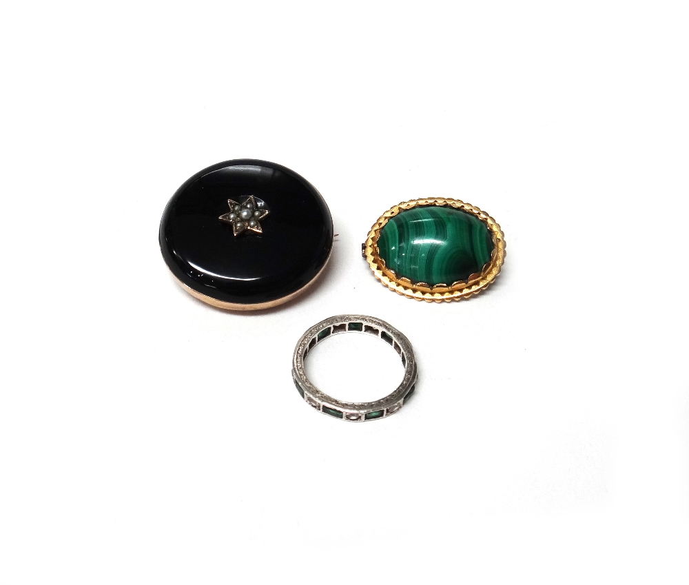 A gold mounted oval malachite brooch, detailed '18c',