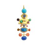 A gold and vary coloured gem set pendant, in an abstract design,