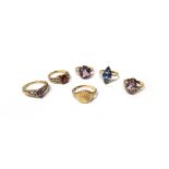 Seven various 9ct gold and gem set rings, to include; an amethyst single stone ring, ring size M,