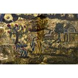 A stump work embroidered panel, 17th century, depicting a family group and wild animals,