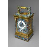 A rare and unusual French brass and champlevé enamel grande and petite sonnerie carriage clock with