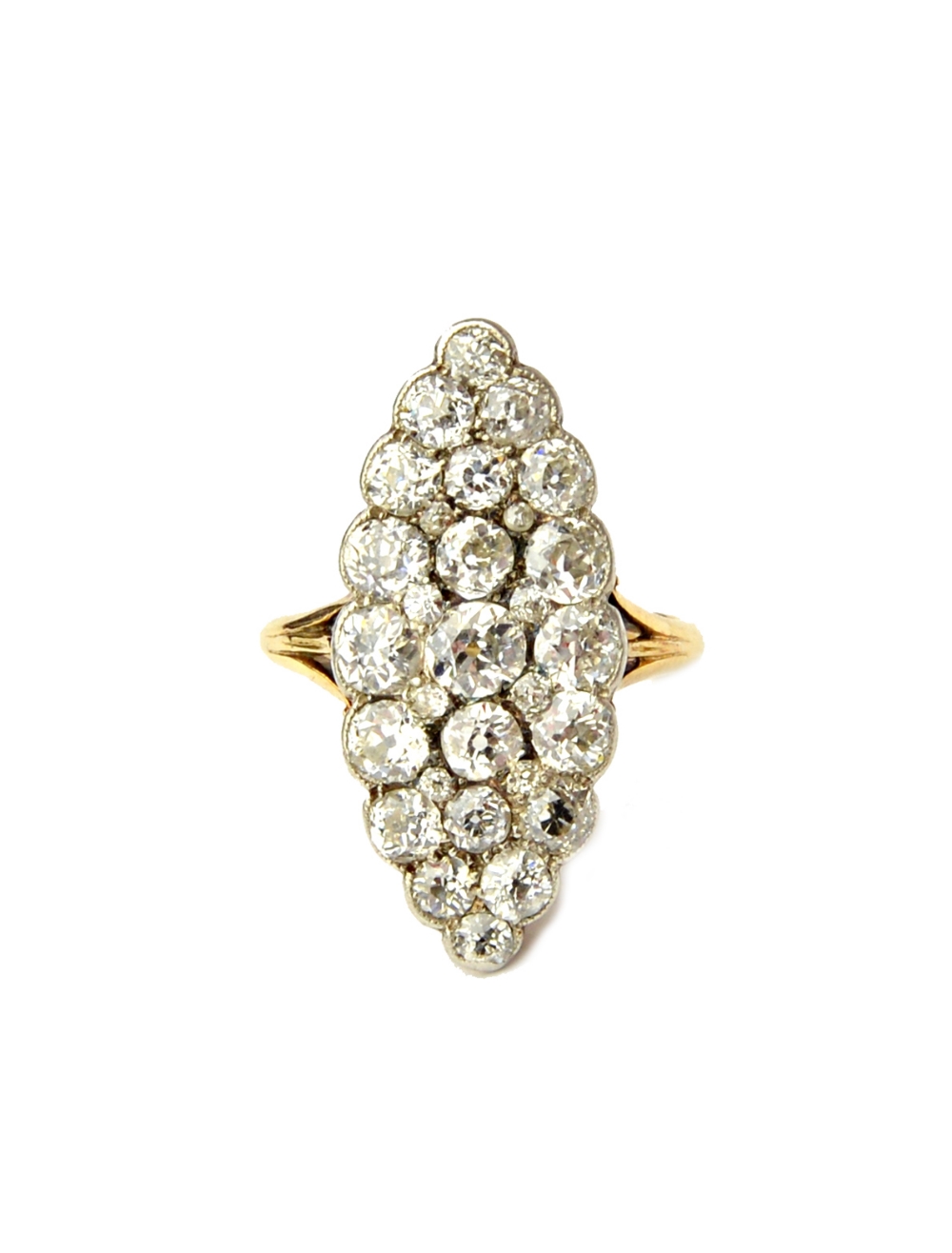 A gold and diamond set marquise shaped cluster ring, mounted with cushion shaped diamonds,