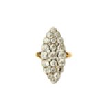 A gold and diamond set marquise shaped cluster ring, mounted with cushion shaped diamonds,