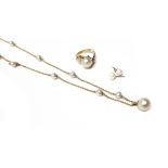 A gold and cultured pearl necklace, the front with the principal cultured pearl to the drop,