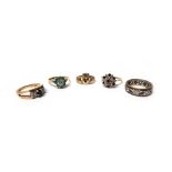 A 9ct gold, sapphire and colourless gem set cluster ring, a 9ct two colour gold,